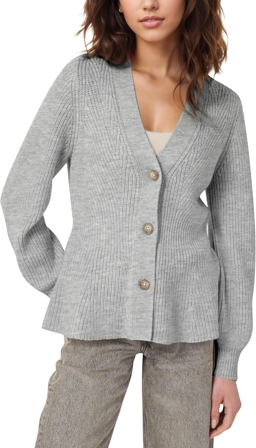 BAIGRAM Women Button Up V Neck Peplum Cardigan Sweaters Puff Sleeve Ribbed Knit Cardigans Business Casual Work Outfits