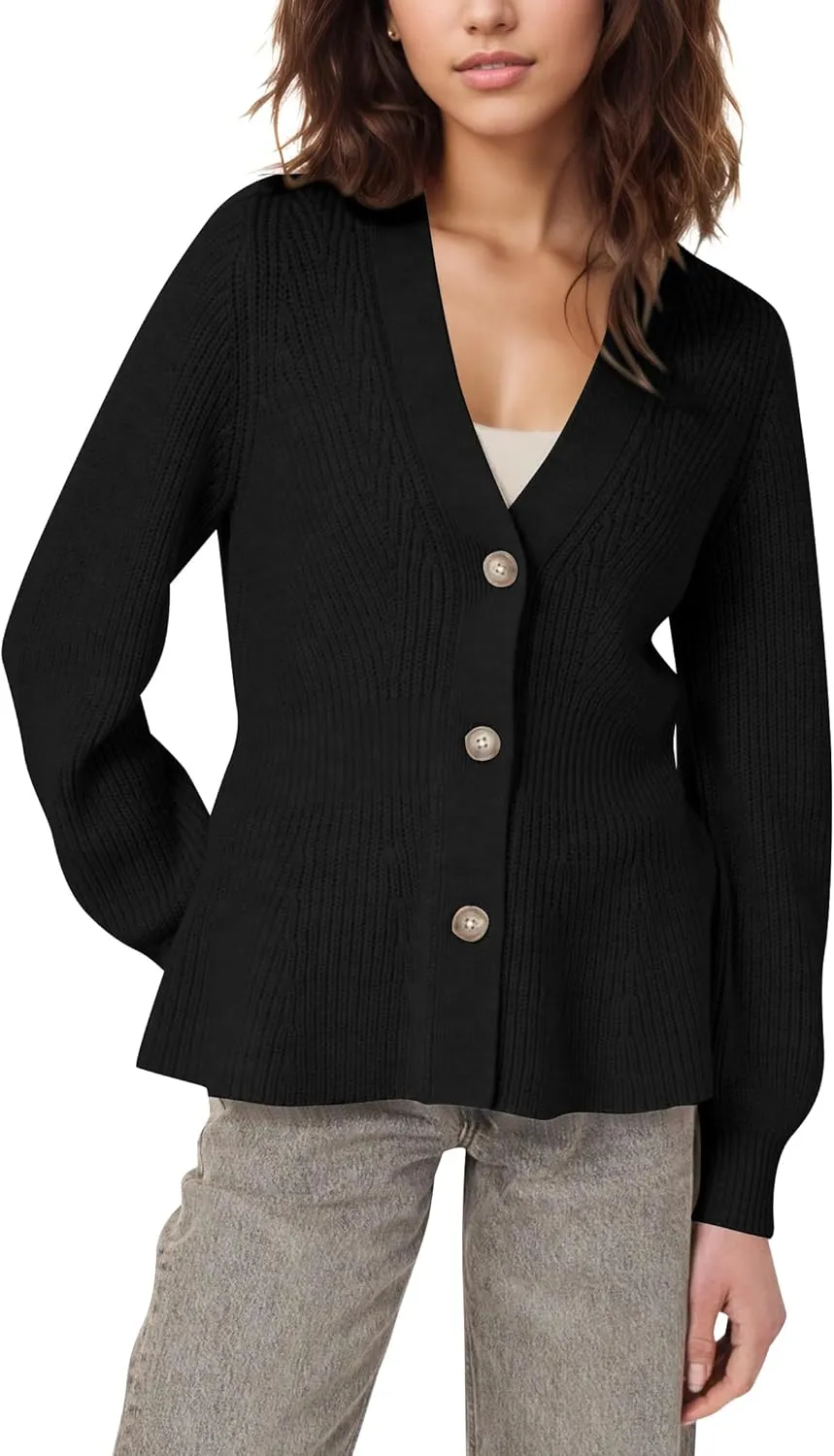 BAIGRAM Women Button Up V Neck Peplum Cardigan Sweaters Puff Sleeve Ribbed Knit Cardigans Business Casual Work Outfits