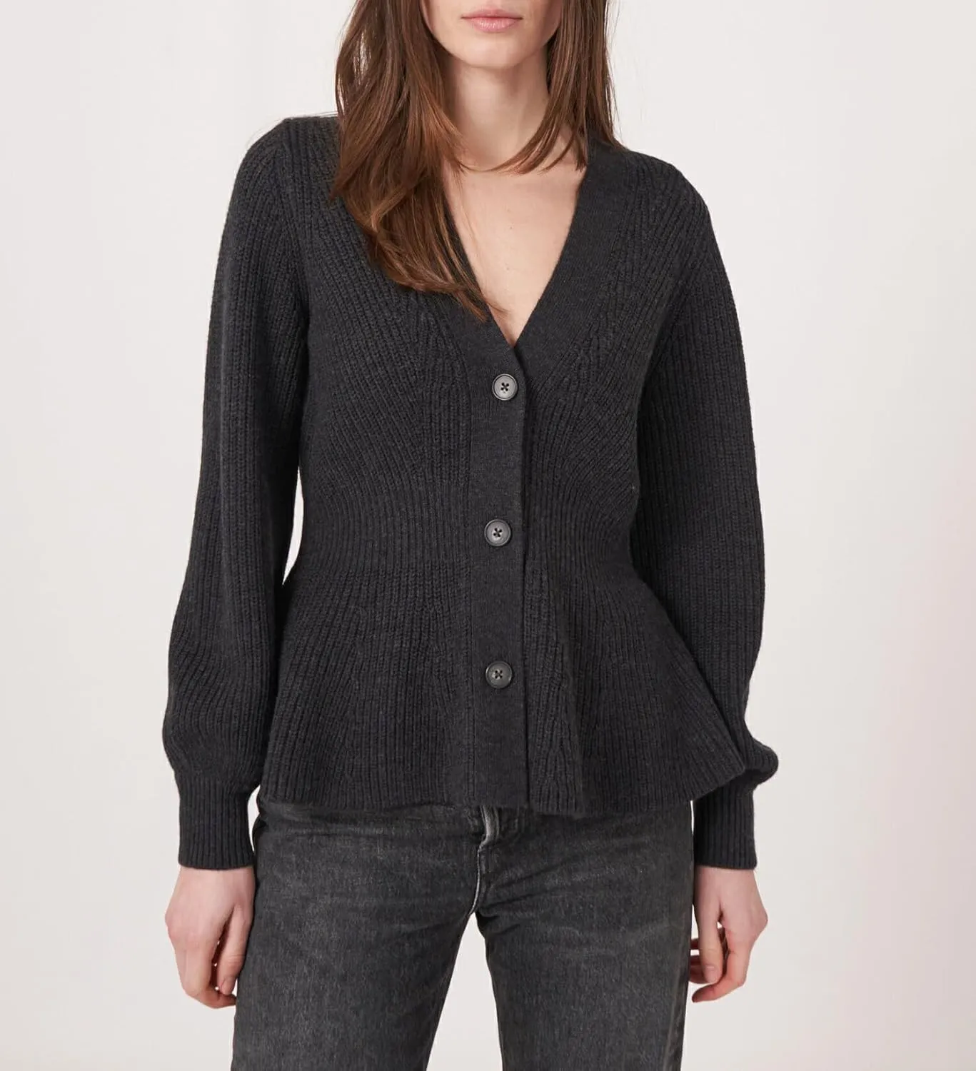BAIGRAM Women Button Up V Neck Peplum Cardigan Sweaters Puff Sleeve Ribbed Knit Cardigans Business Casual Work Outfits