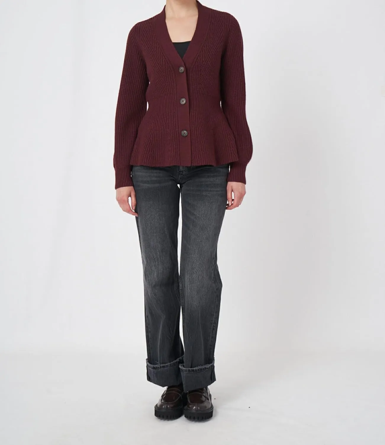 BAIGRAM Women Button Up V Neck Peplum Cardigan Sweaters Puff Sleeve Ribbed Knit Cardigans Business Casual Work Outfits