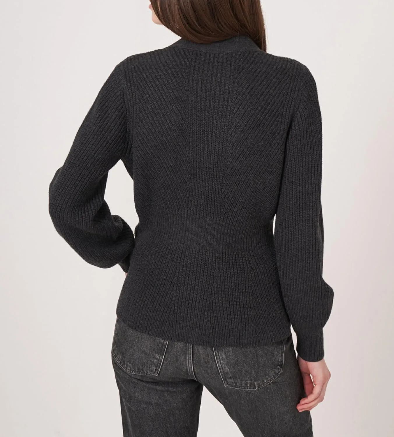 BAIGRAM Women Button Up V Neck Peplum Cardigan Sweaters Puff Sleeve Ribbed Knit Cardigans Business Casual Work Outfits