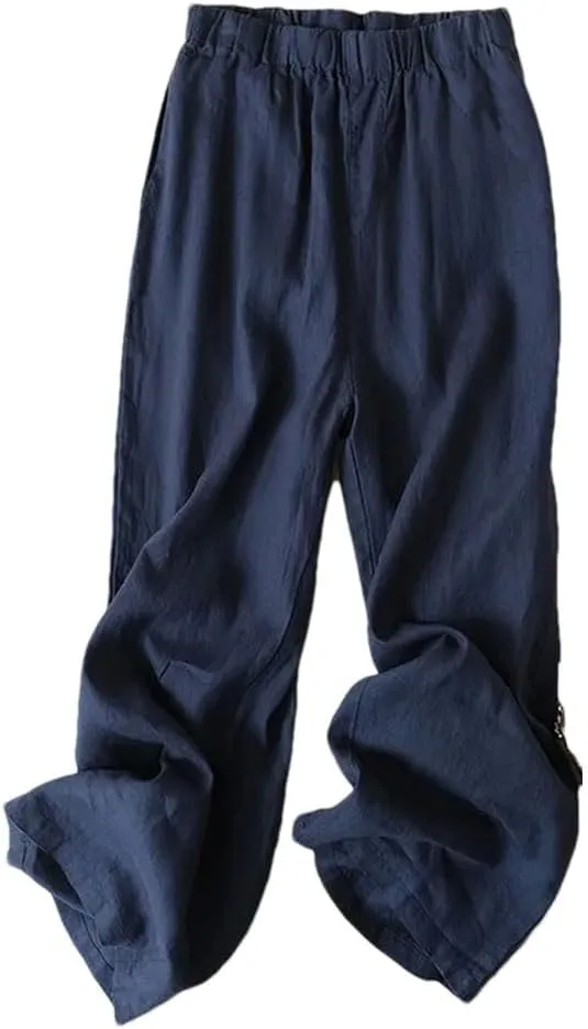 Bciopll Women Cotton Linen Casual Summer Trousers Loose Straight Leg Pants Elastic Waist Ankle Pants with Pockets