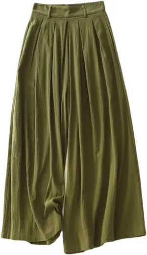 Bciopll Women's Summer Casual Loose Wide Legs Pants Elastic Waist Pleated Cropped Cotton Linen Ankle Trouser