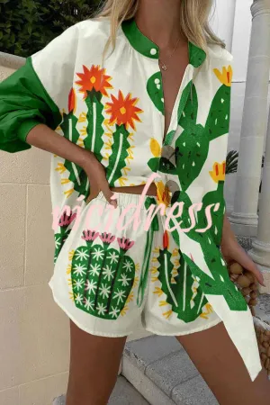 Beautiful Contrasting Cactus Print Button Pocket Lace Up Shorts Set