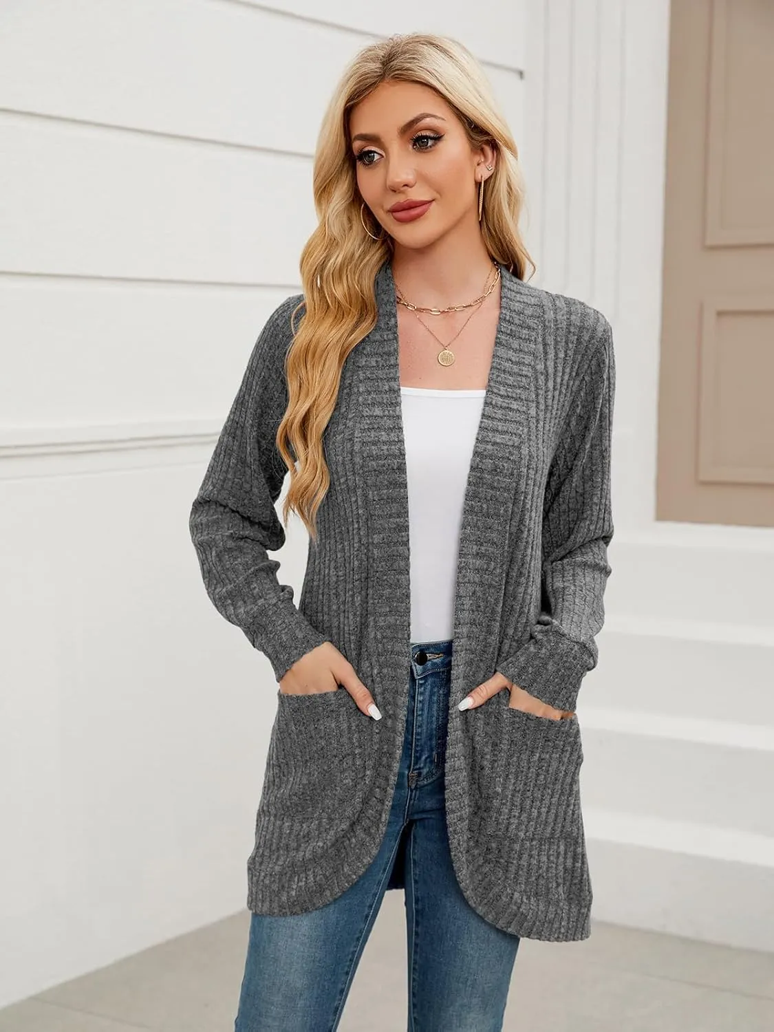 BELAROI Womens Open Front Cardigan Sweaters Casual Lightweight Outwear Long Sleeve Plus Size Tops Sweater with Pockets