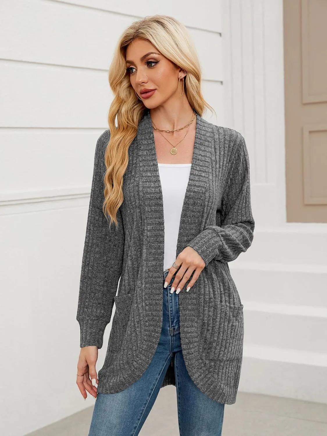 BELAROI Womens Open Front Cardigan Sweaters Casual Lightweight Outwear Long Sleeve Plus Size Tops Sweater with Pockets