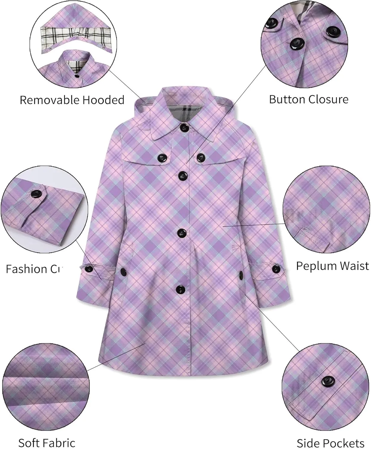 Betusline Girl's Hooded Trench Coat Single Breasted Dress Outerwear, 2-14 Years