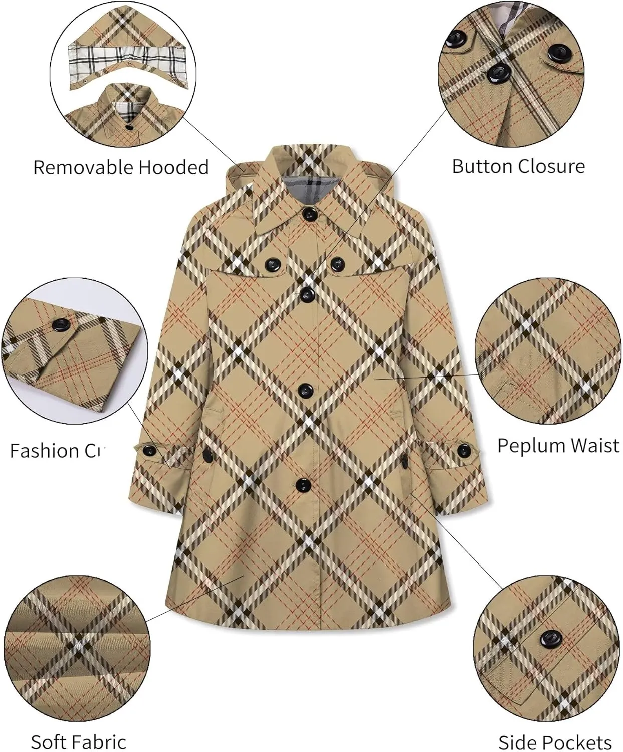 Betusline Girl's Hooded Trench Coat Single Breasted Dress Outerwear, 2-14 Years