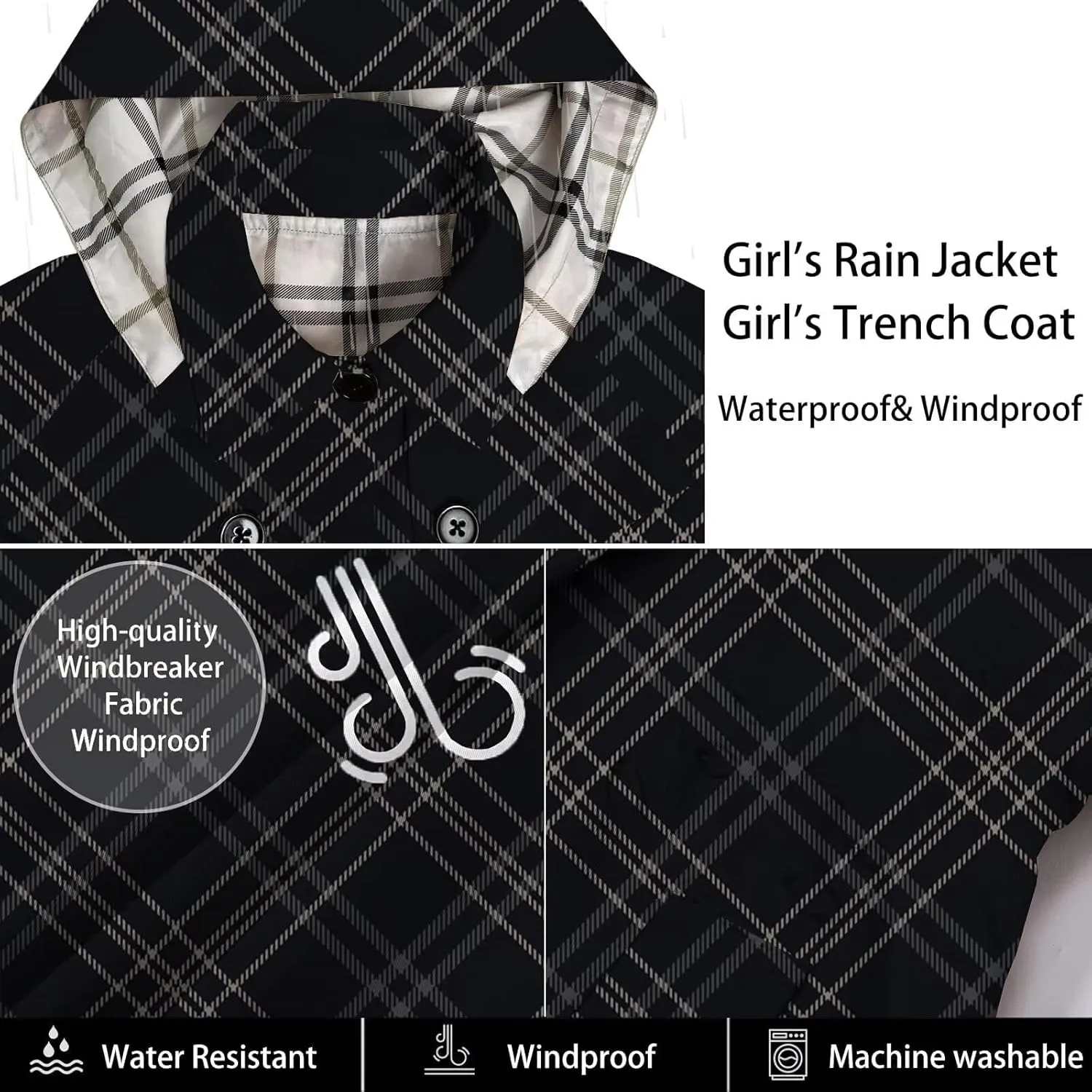 Betusline Girl's Hooded Trench Coat Single Breasted Dress Outerwear, 2-14 Years