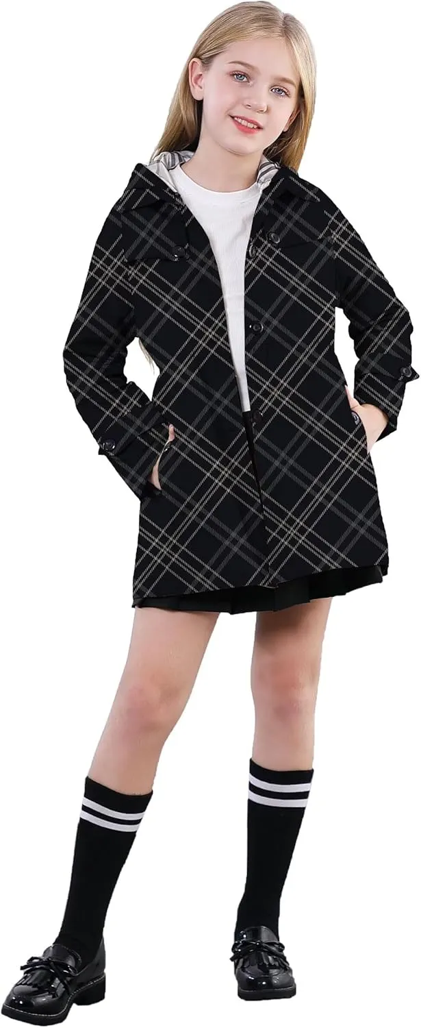 Betusline Girl's Hooded Trench Coat Single Breasted Dress Outerwear, 2-14 Years