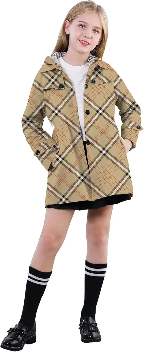 Betusline Girl's Hooded Trench Coat Single Breasted Dress Outerwear, 2-14 Years