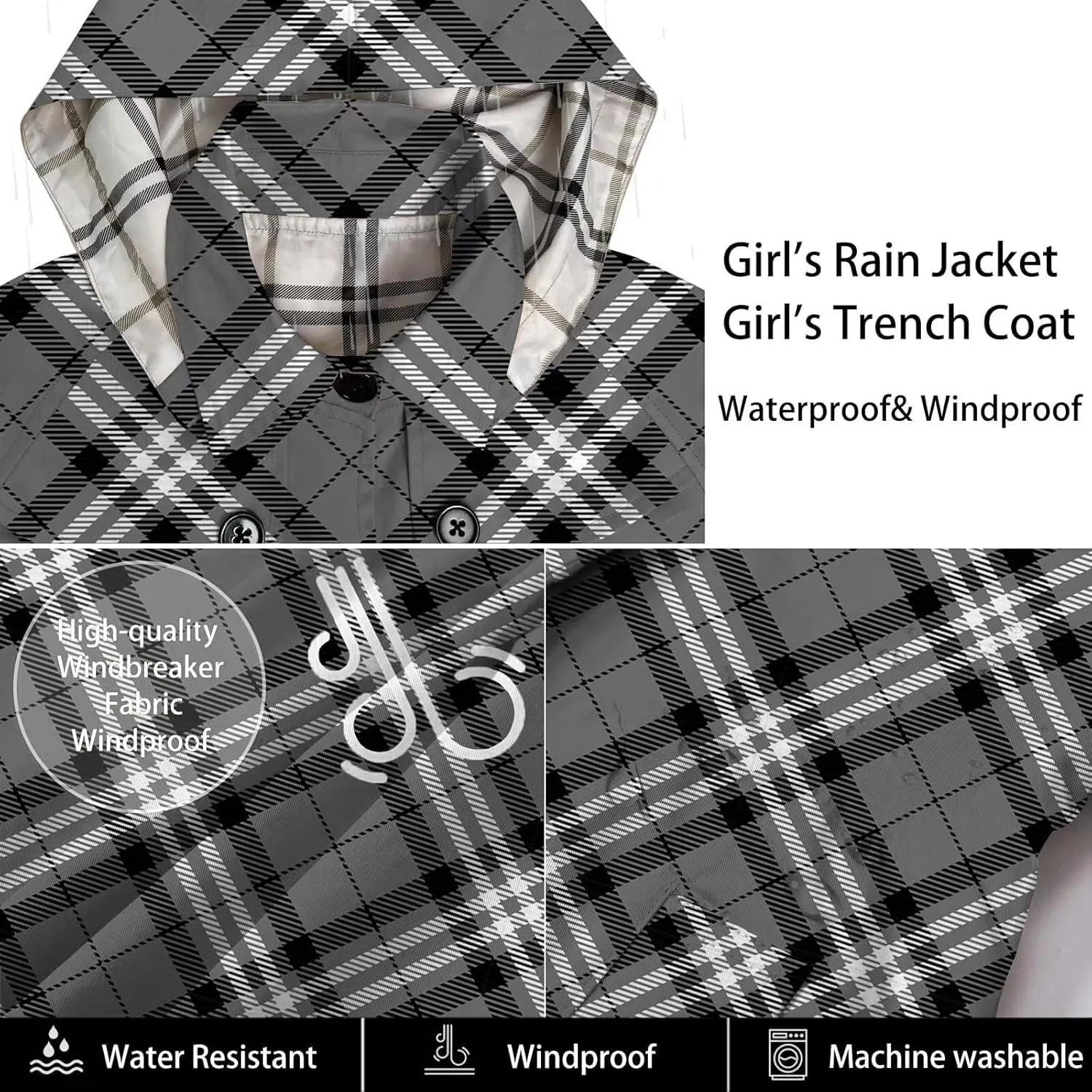 Betusline Girl's Hooded Trench Coat Single Breasted Dress Outerwear, 2-14 Years
