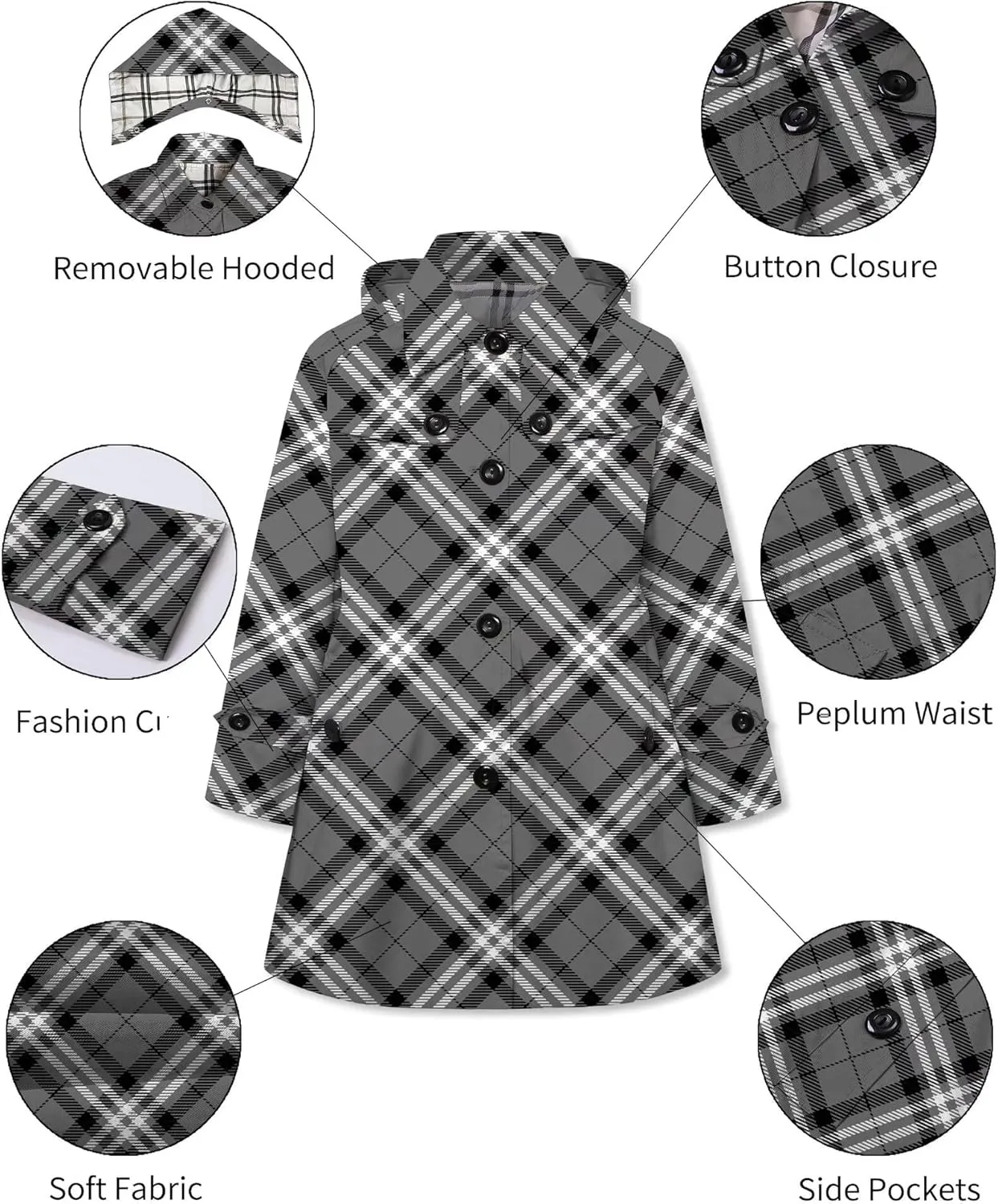 Betusline Girl's Hooded Trench Coat Single Breasted Dress Outerwear, 2-14 Years