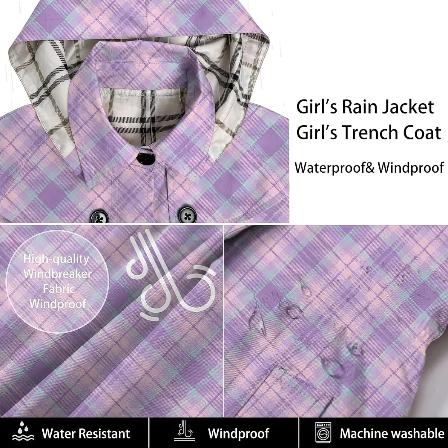 Betusline Girl's Hooded Trench Coat Single Breasted Dress Outerwear, 2-14 Years