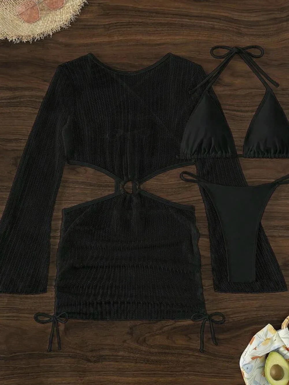 Black Crochet Micro Bikini Set with O-ring Detail and Backless Cover-Up Dress