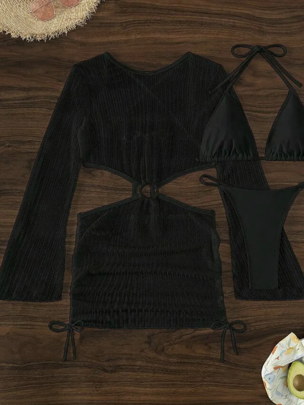 Black Crochet Micro Bikini Set with O-ring Detail and Backless Cover-Up Dress