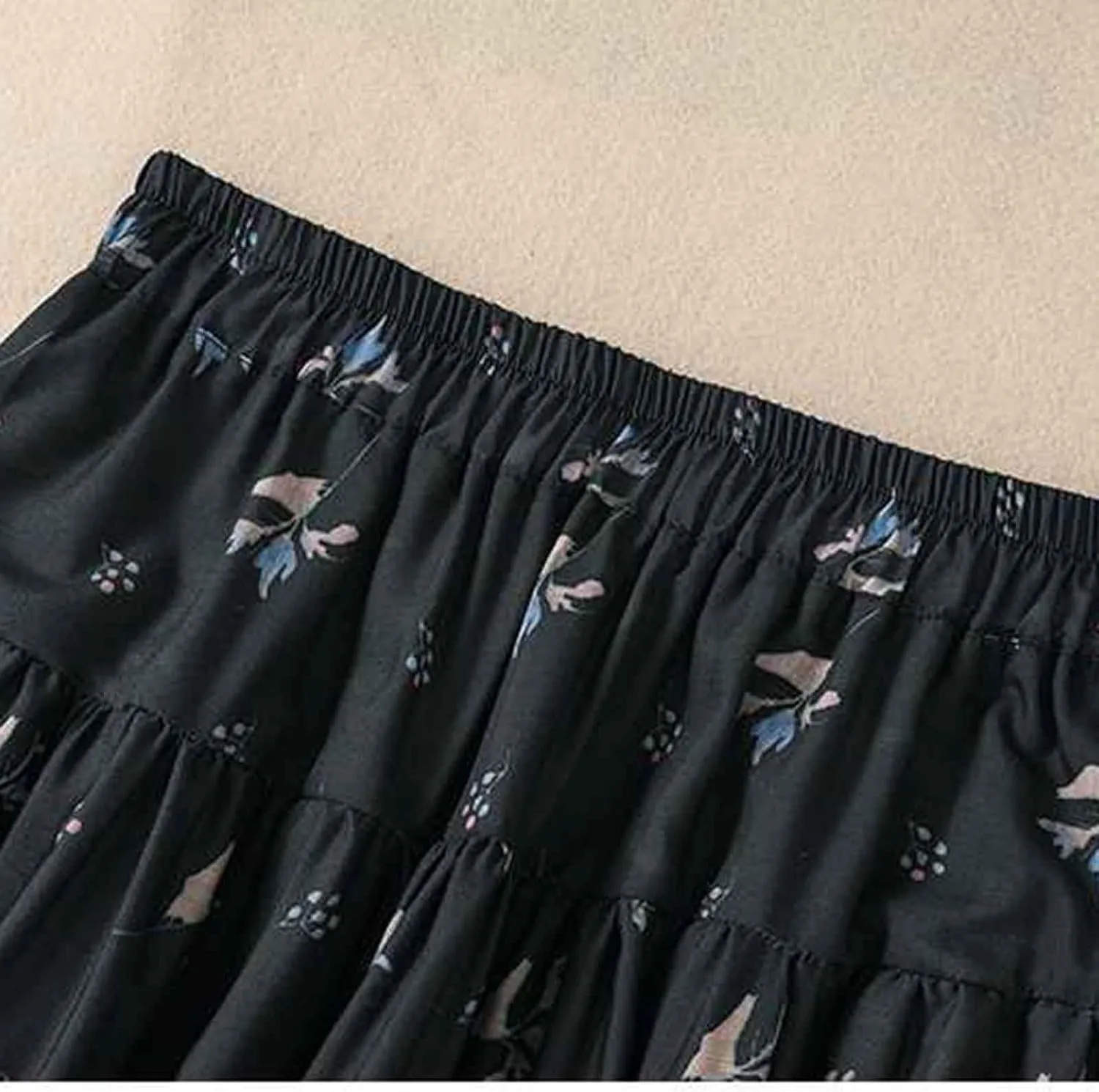 Black Floral Skirt for Women High Waist Cotton Linen Elastic Maxi Lightweight A Line Summer Casual Vacation Skirt