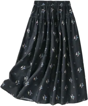 Black Floral Skirt for Women High Waist Cotton Linen Elastic Maxi Lightweight A Line Summer Casual Vacation Skirt