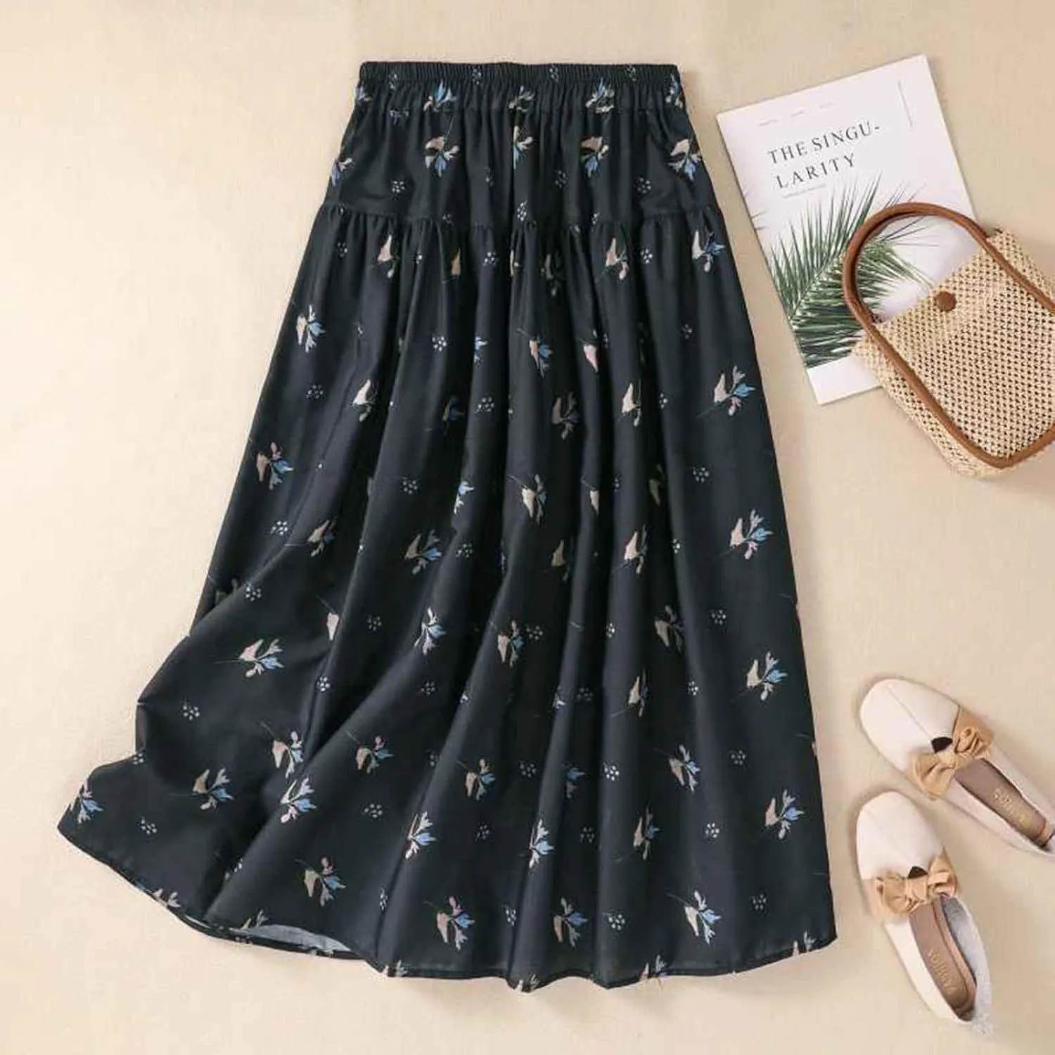 Black Floral Skirt for Women High Waist Cotton Linen Elastic Maxi Lightweight A Line Summer Casual Vacation Skirt