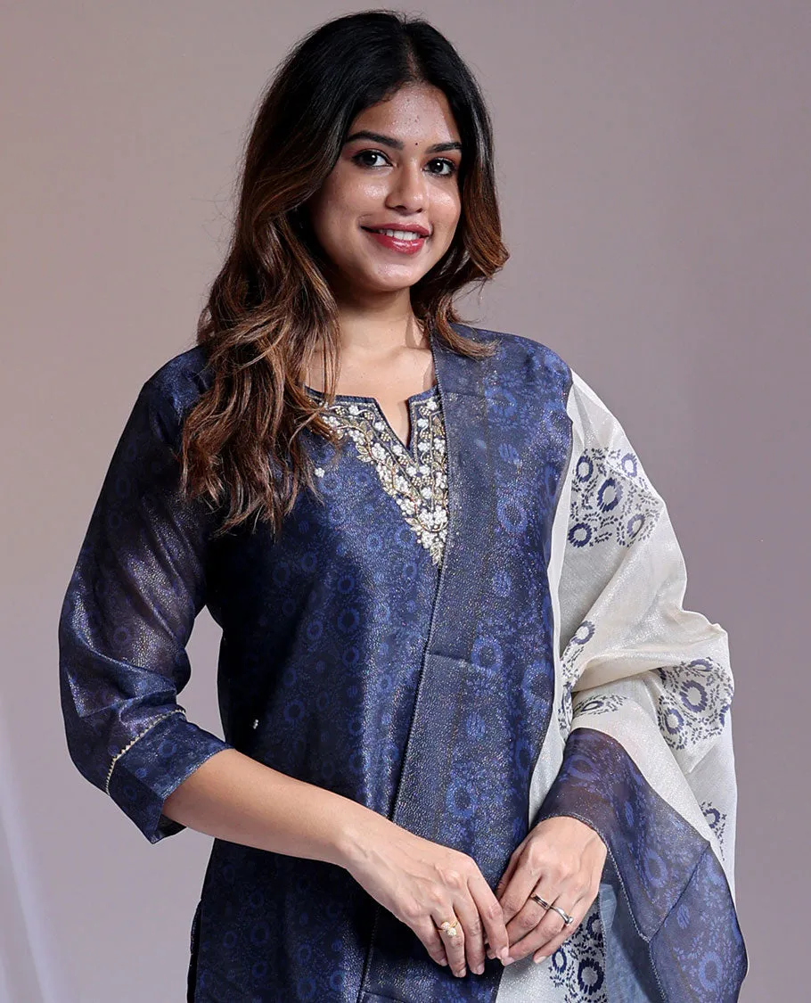Blue readymade suit,unique print & embroidery 3/4th sleeve roundneck tissue top,plain pant,intricate print dupatta