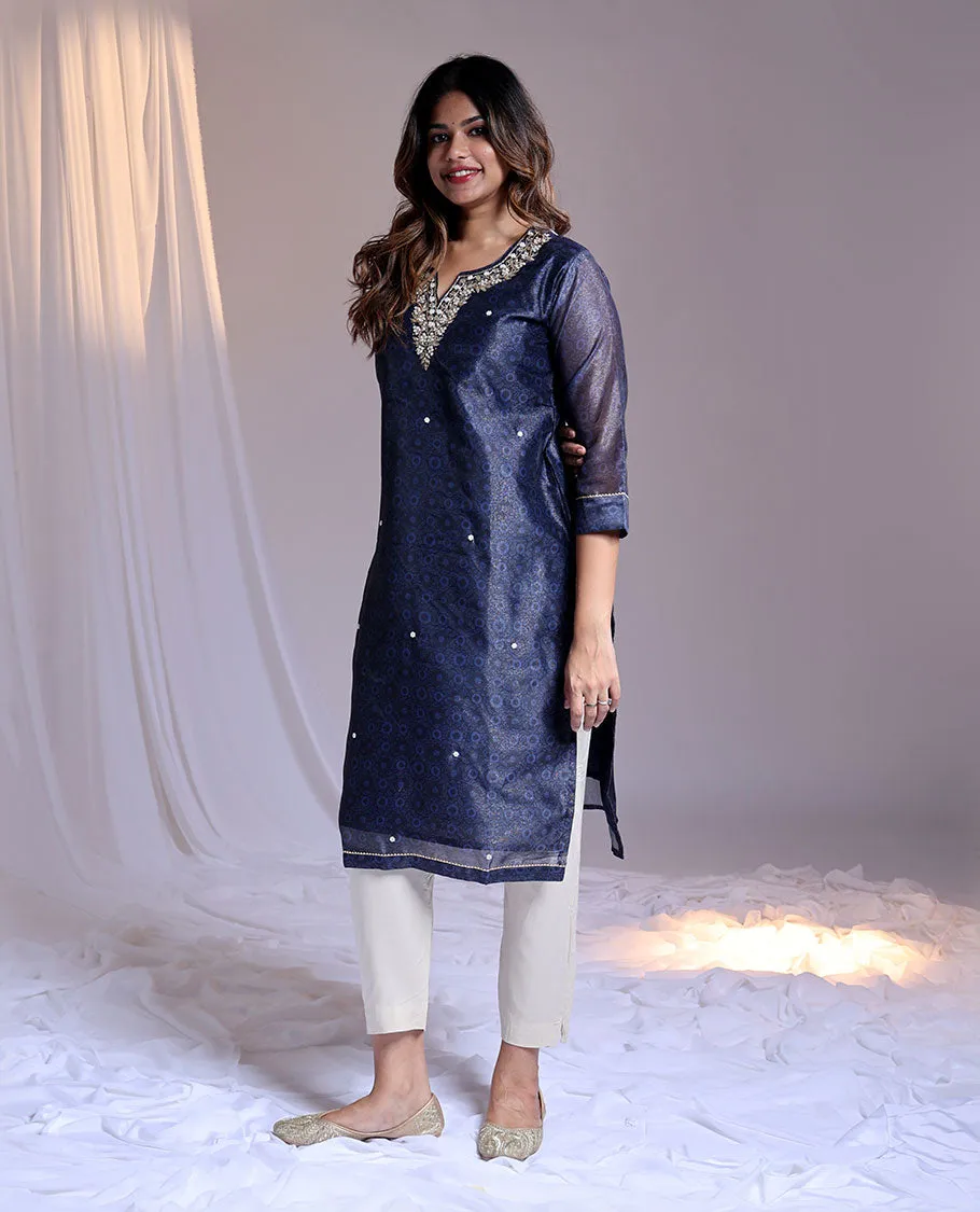 Blue readymade suit,unique print & embroidery 3/4th sleeve roundneck tissue top,plain pant,intricate print dupatta