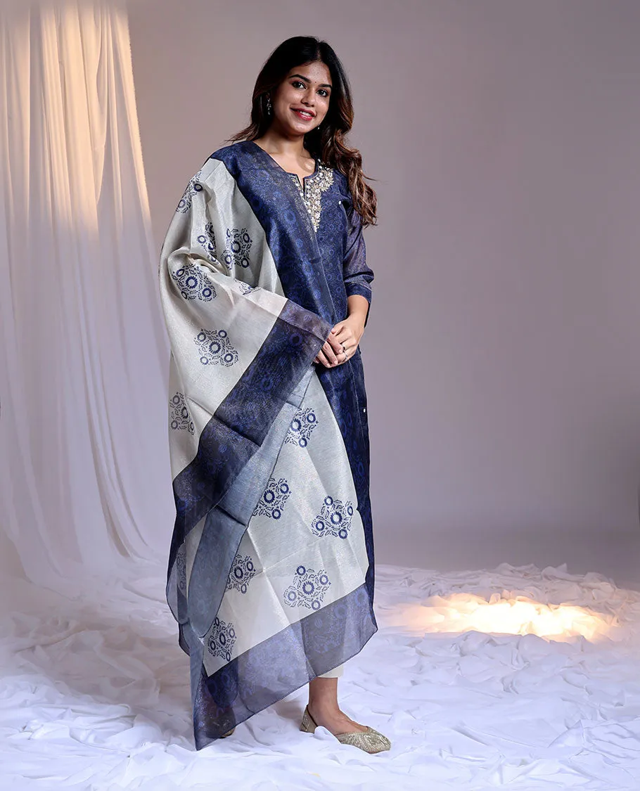 Blue readymade suit,unique print & embroidery 3/4th sleeve roundneck tissue top,plain pant,intricate print dupatta