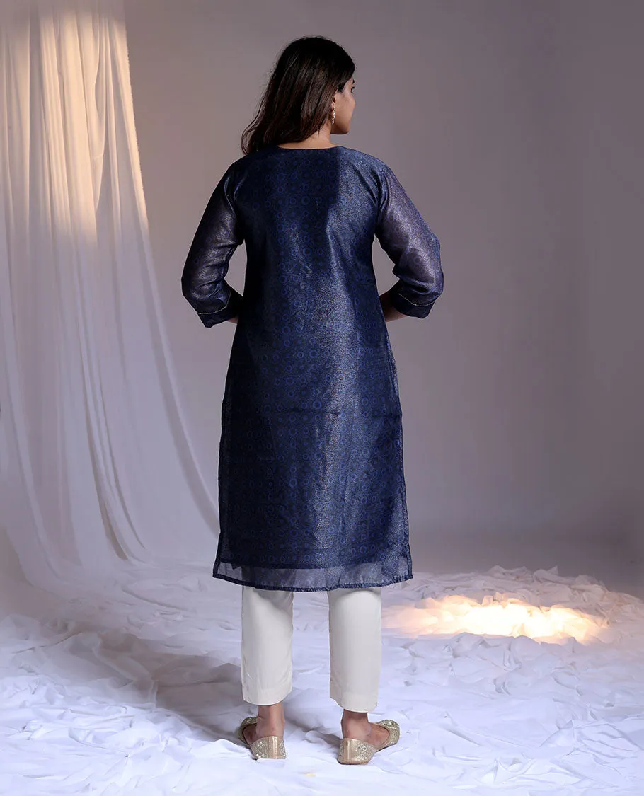 Blue readymade suit,unique print & embroidery 3/4th sleeve roundneck tissue top,plain pant,intricate print dupatta