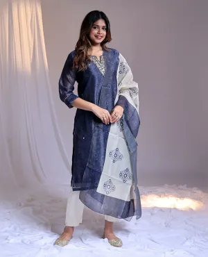 Blue readymade suit,unique print & embroidery 3/4th sleeve roundneck tissue top,plain pant,intricate print dupatta
