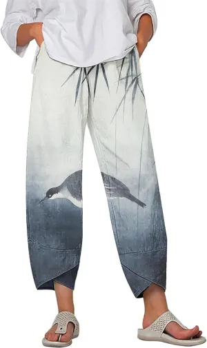 Boho Capri Pants for Women Japanese Asian Palazzo High Elastic Waist Trousers Pants with Pockets Summer Beach