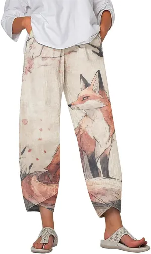 Boho Capri Pants for Women Japanese Asian Palazzo High Elastic Waist Trousers Pants with Pockets Summer Beach