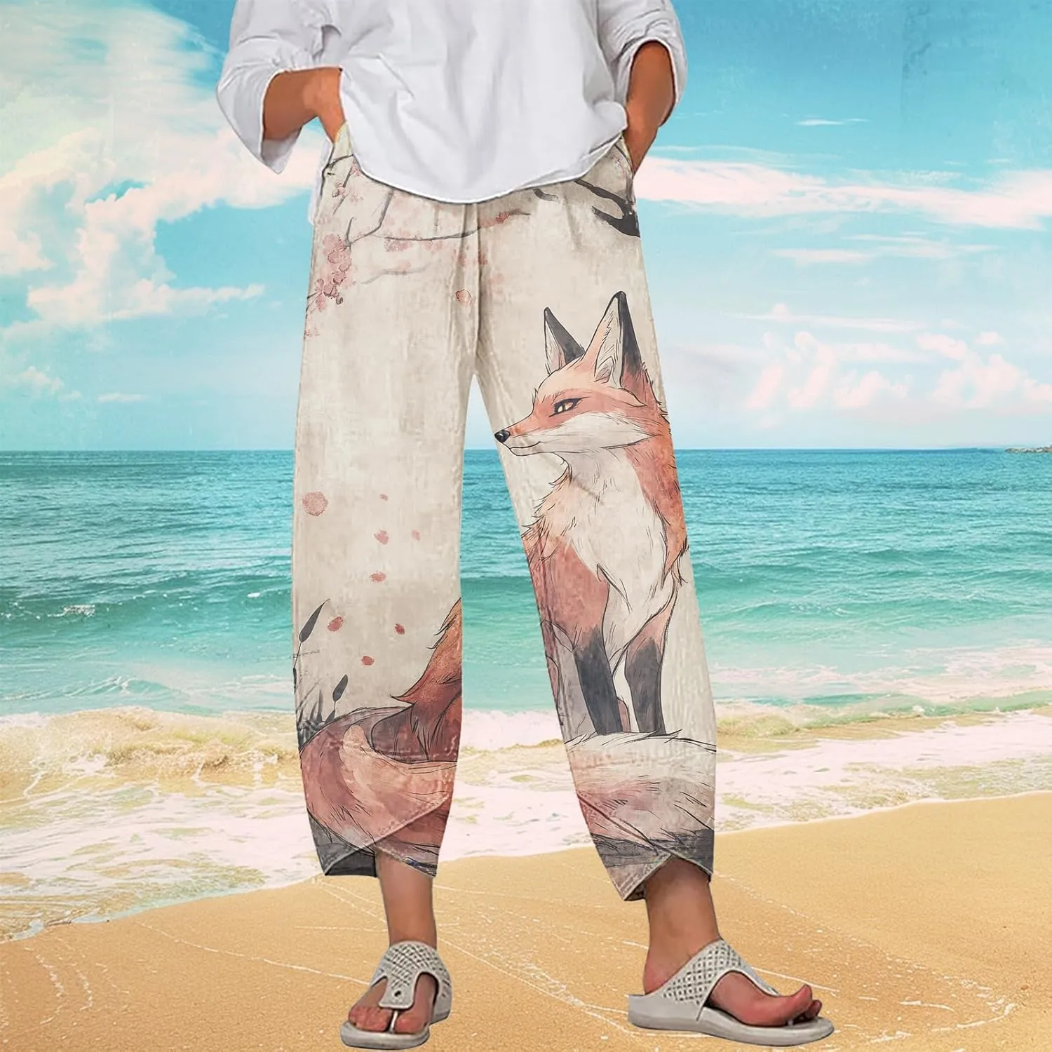 Boho Capri Pants for Women Japanese Asian Palazzo High Elastic Waist Trousers Pants with Pockets Summer Beach