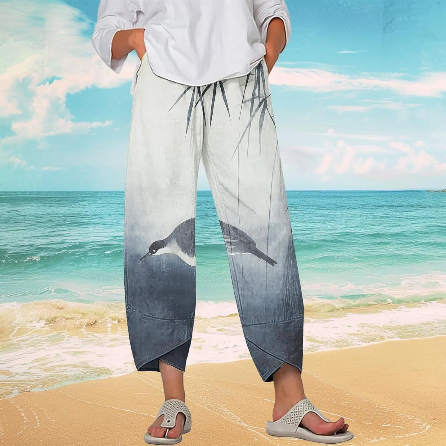 Boho Capri Pants for Women Japanese Asian Palazzo High Elastic Waist Trousers Pants with Pockets Summer Beach