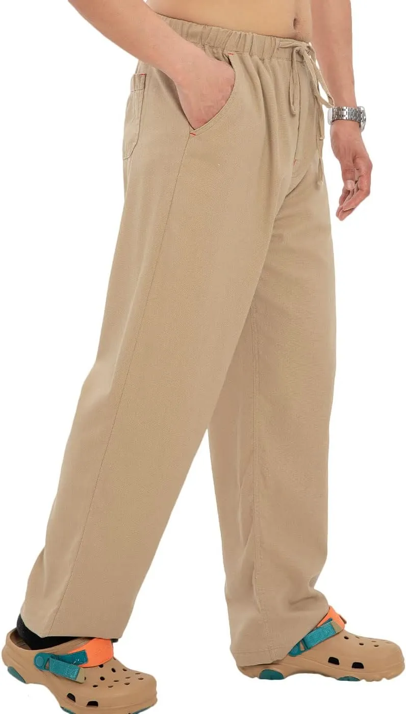 Bonnorth Men's Linen Loose Drawstring Elastic Waist Wide Leg Solid Casual Pants