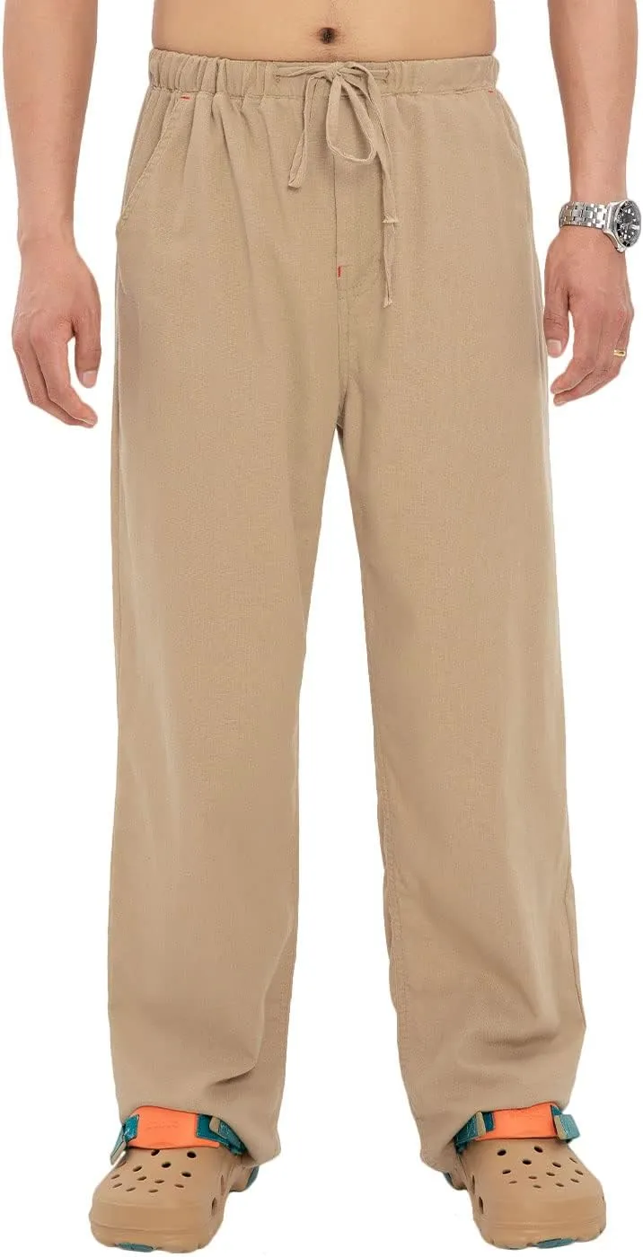 Bonnorth Men's Linen Loose Drawstring Elastic Waist Wide Leg Solid Casual Pants
