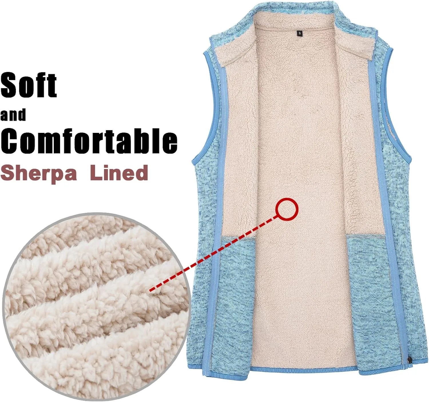 Bonnorth Women's Zip Up Sweater Fleece Vest, Sherpa Lined Windproof Warm Vest with Pocket