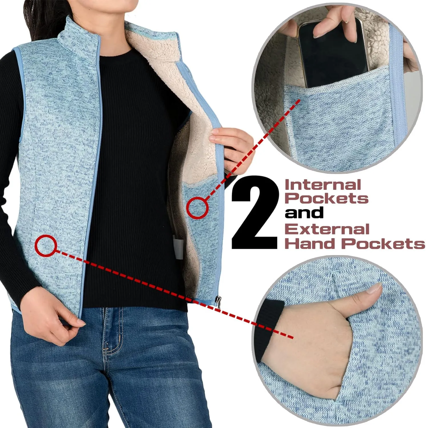 Bonnorth Women's Zip Up Sweater Fleece Vest, Sherpa Lined Windproof Warm Vest with Pocket