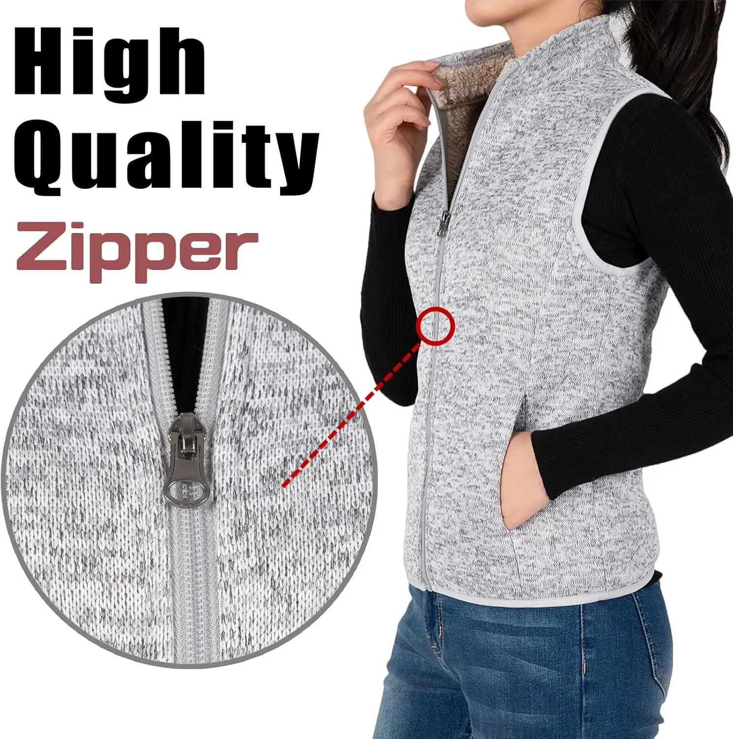 Bonnorth Women's Zip Up Sweater Fleece Vest, Sherpa Lined Windproof Warm Vest with Pocket