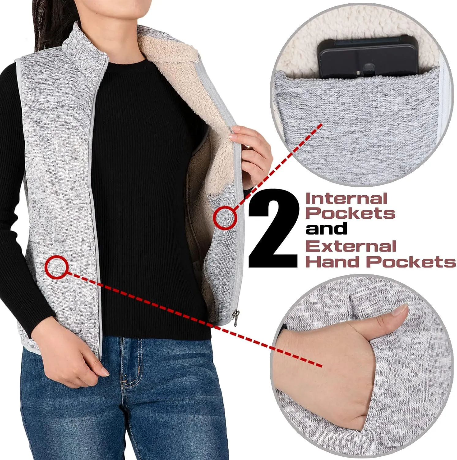 Bonnorth Women's Zip Up Sweater Fleece Vest, Sherpa Lined Windproof Warm Vest with Pocket