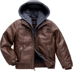 Boy's Faux Leather Jacket Windproof Warm Winter Coat Kids Bomber Outerwear Waterproof PU Motorcycle Jacket