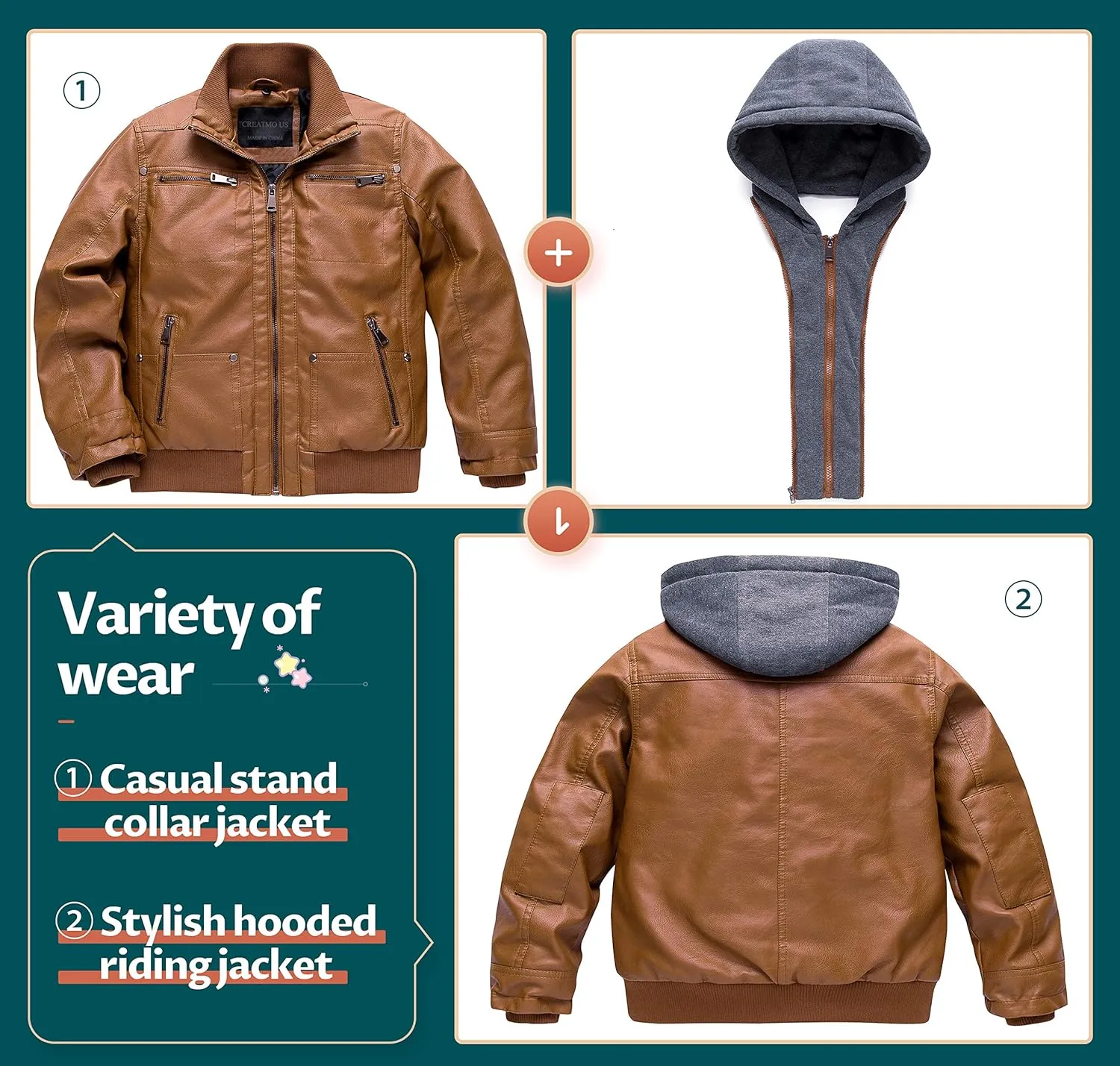 Boy's Faux Leather Jacket Windproof Warm Winter Coat Kids Bomber Outerwear Waterproof PU Motorcycle Jacket