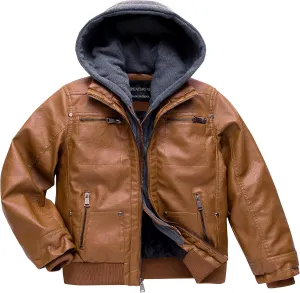 Boy's Faux Leather Jacket Windproof Warm Winter Coat Kids Bomber Outerwear Waterproof PU Motorcycle Jacket