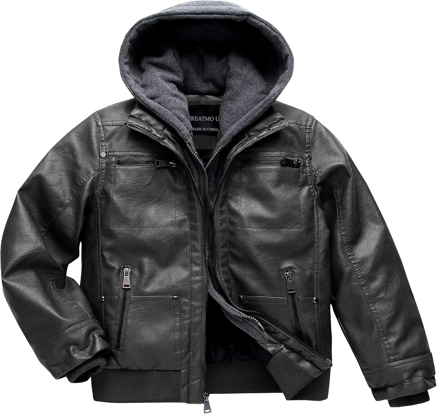 Boy's Faux Leather Jacket Windproof Warm Winter Coat Kids Bomber Outerwear Waterproof PU Motorcycle Jacket