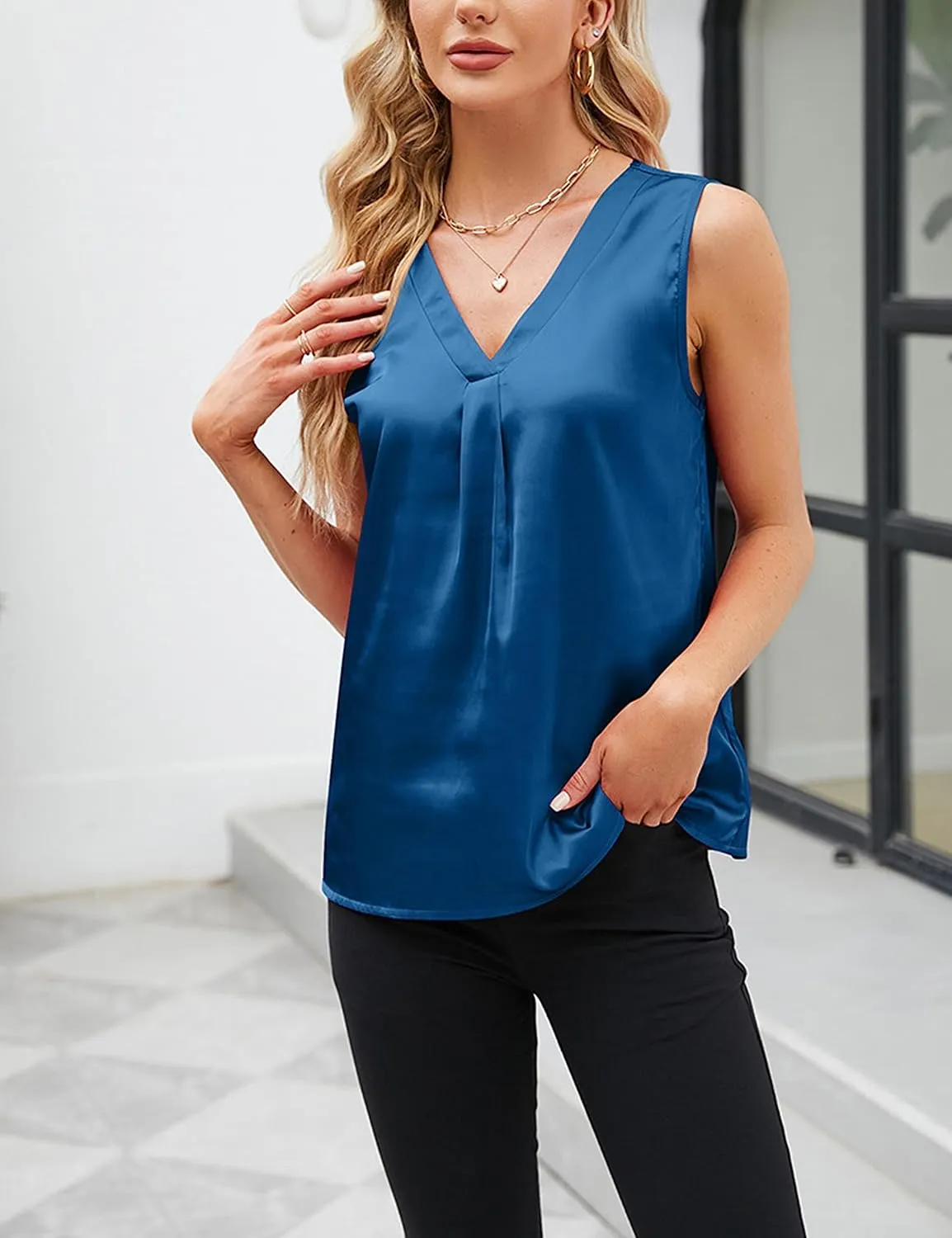 Bozanly Women's Sleeveless Silk Satin Tank Tops V Neck Solid Lightweight Soft Camisole