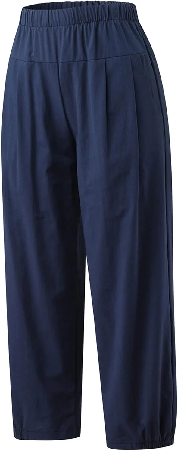 Bozanly Womens Summer Capri Pants Elastic Waist Cotton Linen Yoga Cropped Pants Trousers
