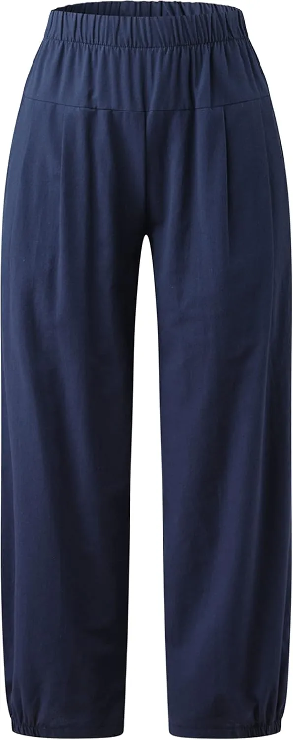 Bozanly Womens Summer Capri Pants Elastic Waist Cotton Linen Yoga Cropped Pants Trousers