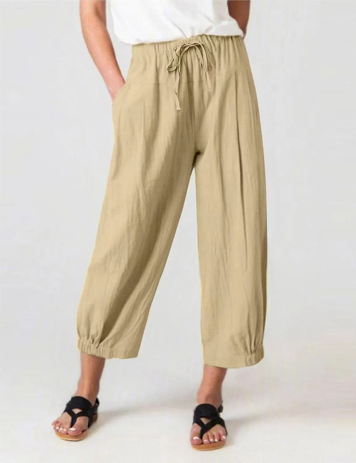 Bozanly Womens Summer Capri Pants Elastic Waist Cotton Linen Yoga Cropped Pants Trousers