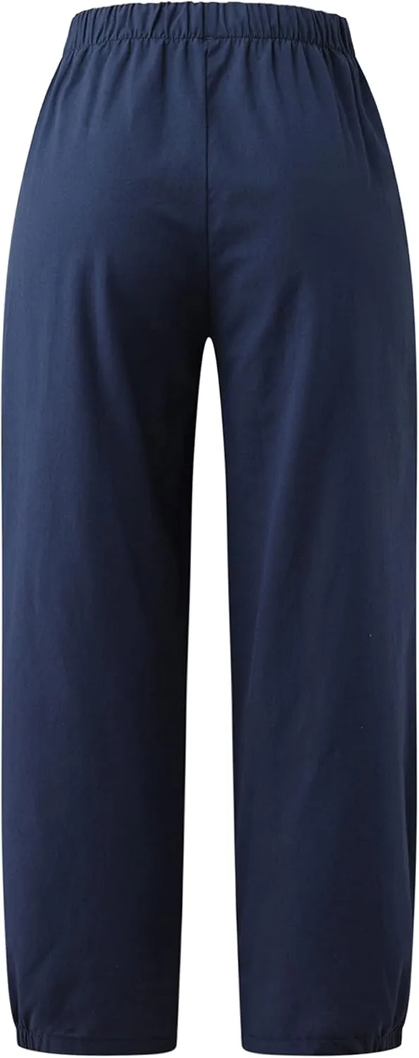 Bozanly Womens Summer Capri Pants Elastic Waist Cotton Linen Yoga Cropped Pants Trousers