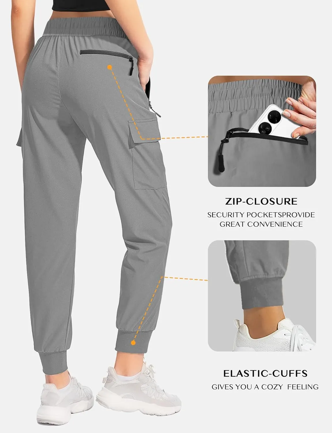 Buauty Womens Hiking Pants Pocketed Cargo Joggers Lightweight Quick Dry Waterproof Pants Elastic Waist Casual Travel Leggings