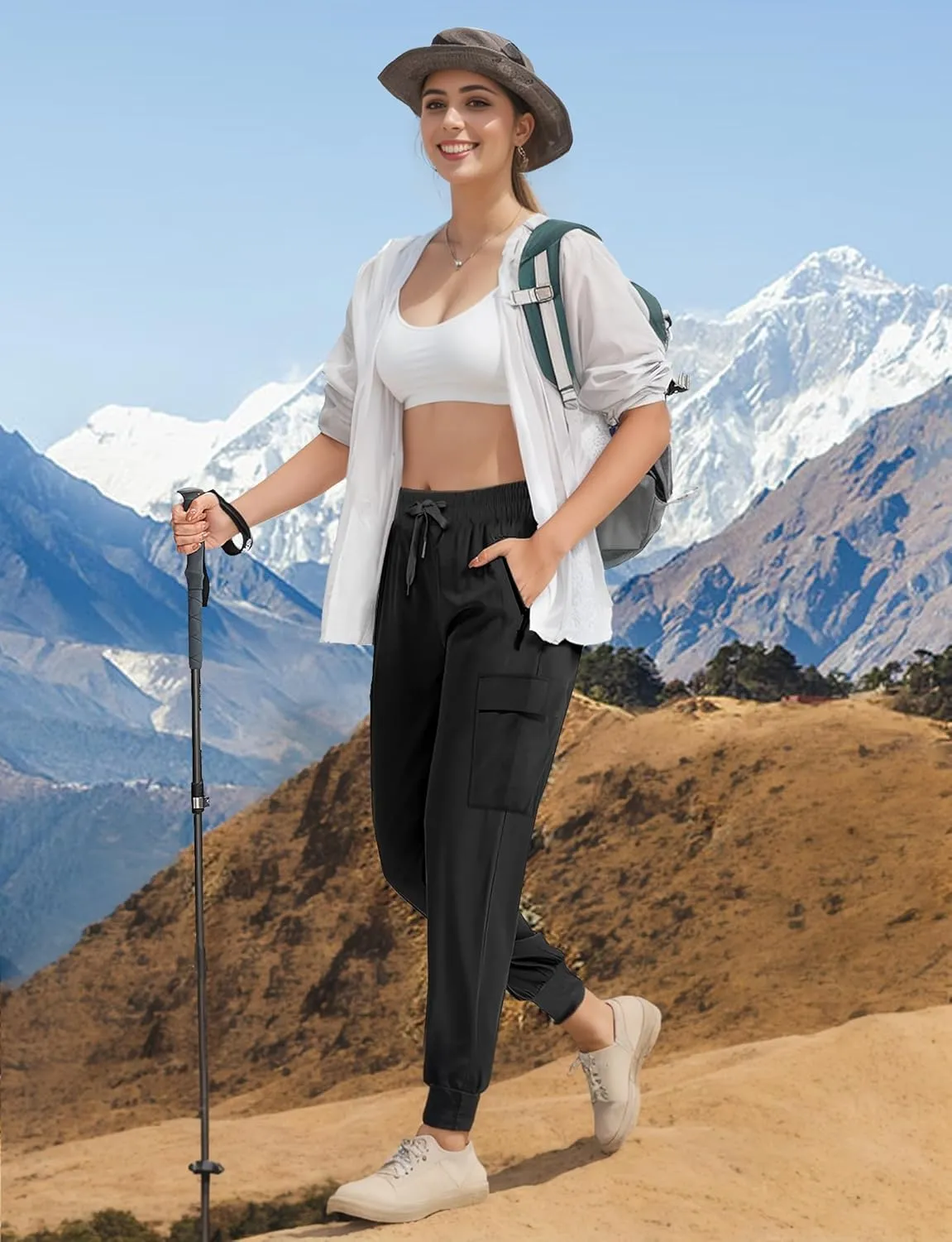 Buauty Womens Hiking Pants Pocketed Cargo Joggers Lightweight Quick Dry Waterproof Pants Elastic Waist Casual Travel Leggings
