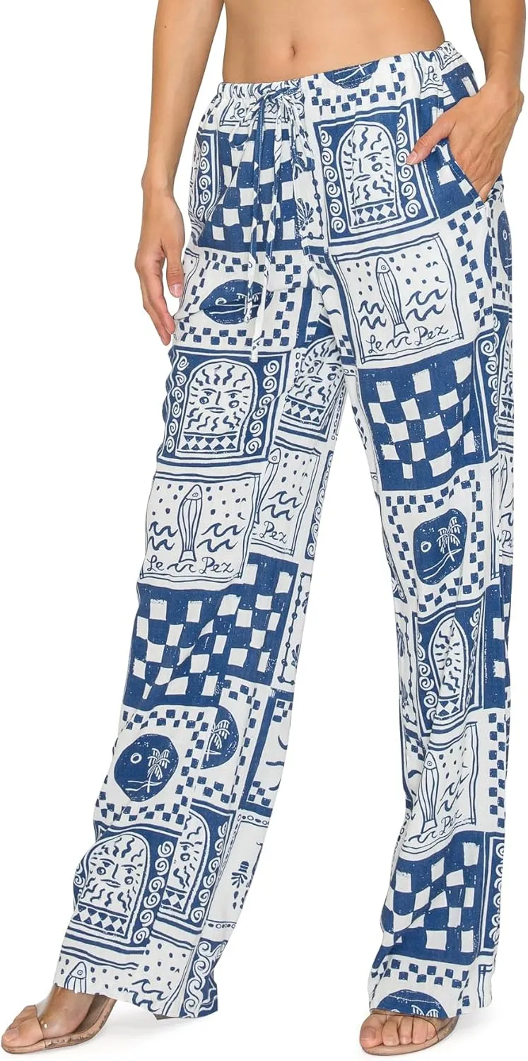 Cali1850 Women's Printed Linen Pants - 30" Inseam Drawstring Elastic Waist Casual Pull On Beach Lounge Trousers with Pockets